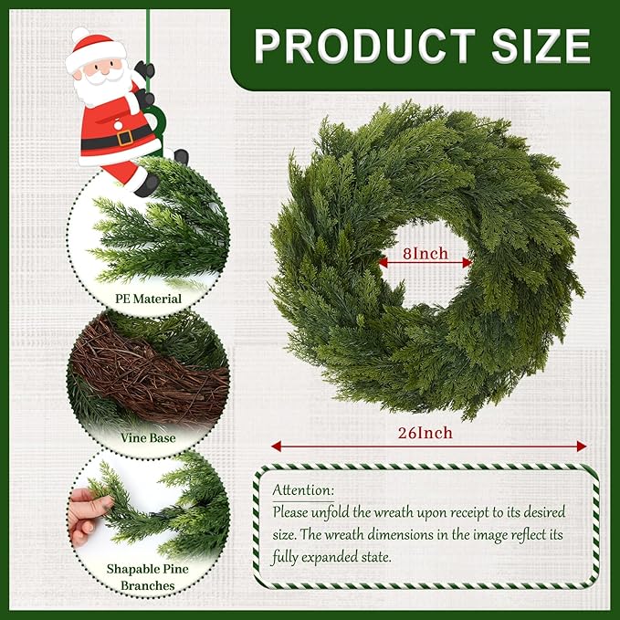 Joyhalo 26" Realistic Christmas Cedar Wreaths for Front Door, Real Touch Norfolk Pine Wreath Artificial Everygreen Wreath for Walls, Porches, Farmhouse Outdoor Christmas Decor