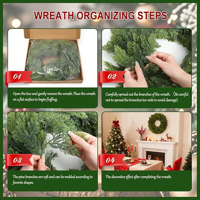 Joyhalo 26" Realistic Christmas Cedar Wreaths for Front Door, Real Touch Norfolk Pine Wreath Artificial Everygreen Wreath for Walls, Porches, Farmhouse Outdoor Christmas Decor