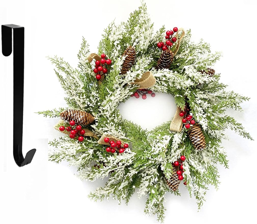 Artificial Christmas Wreath with Hanger for Front Door with Pine Cone, Red Berries, Burlap Ribbon & Snowflake, Indoor Outdoor Holiday Wall Windows Wreath Flocked with Mixed Decorations 23inch
