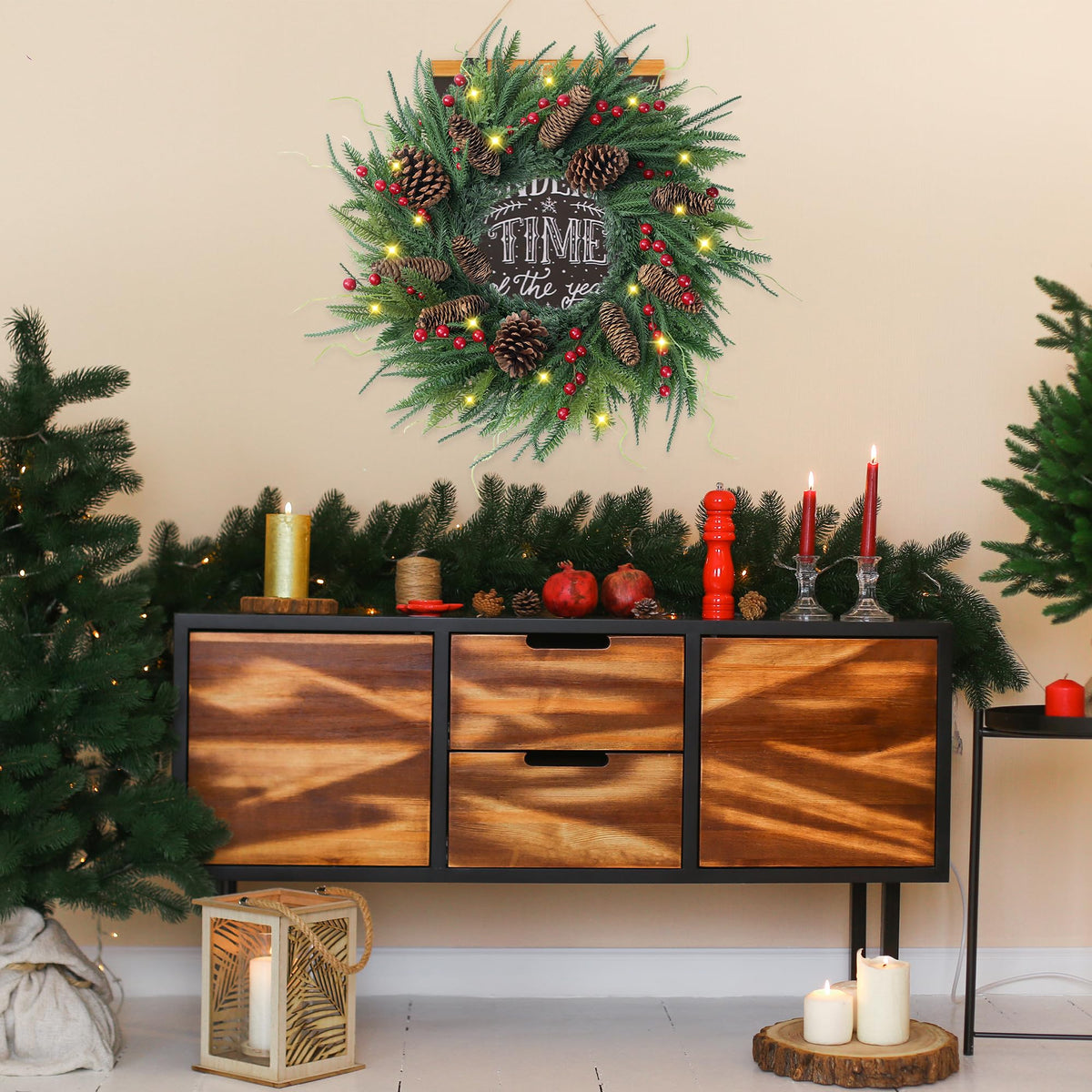 24’’ Real Touch Norfolk Pine Wreath Artificial Christmas Green Wreath for Front Door with Red Berries Pinecones Christmas Decorations for Winter Farmhouse Wall Indoor Outdoor Home Holiday Xmas Decor