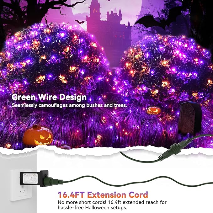 LitHome 14.8FT x 5FT Halloween Net Lights, 300 LED Purple Orange Bush Lights with 8 Modes, Connectable Waterproof Net Mesh Light Dark Green Wire for Bushes Shrubs Trees Outdoor Holiday Decor
