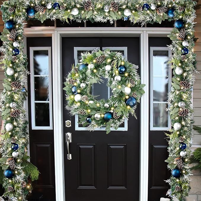 WANNA-CUL Pre-Lit 30 Inch Large Christmas Wreath for Front Door with 50 Led Lights, Silver Blue Lighted Christmas Door Wreath Decor with Ball Ornaments,Pine Cones, Battery Operated