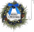 Lighted Christmas Artificial Cedar Wreath for Front Door with Hanger Christmas Wreaths Faux Norfolk with Velvet Bow LED Lights Jingle Bells Pinecone Berries Indoor Window Xmas Holiday Decor(Blue)