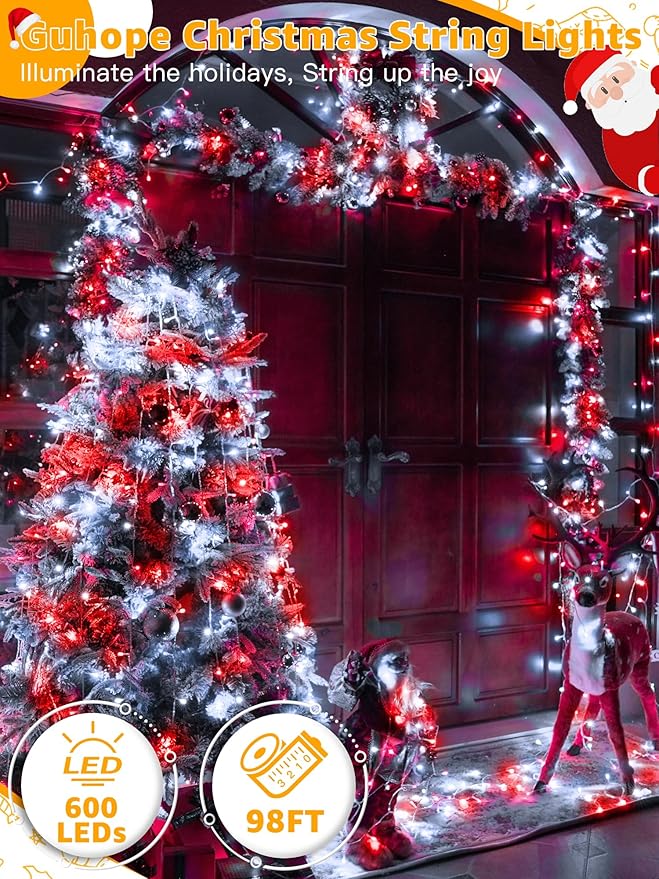 Christmas Lights 600 LED 98FT, Waterproof Outdoor String Lights with Remote and Timer, 8 Modes Dimmable Fairy Lights for Indoor Outdoor Wedding Party Holiday Decorations (Red and White)