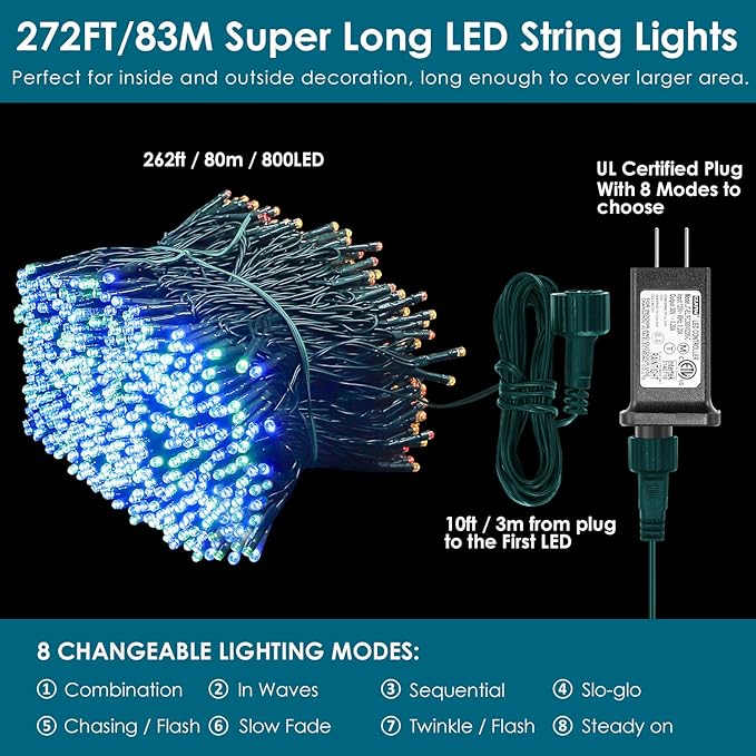 Bright Christmas Lights Outdoor 800 LED Christmas String Lights, 272ft 8 Modes Timer Fairy Twinkle Tree Lights for Home, Party, Holiday, Indoor Xmas Decorations Multicolor