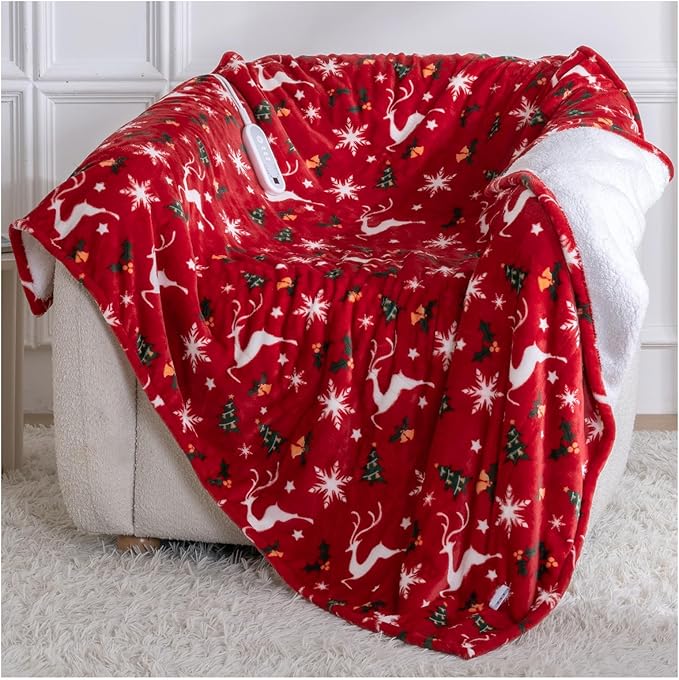 Electric Blanket Heated Throw, Soft Flannel Christmas Heated Blanket with 8 Hours Auto Off & 8 Fast Heating Levels Machine Washable Sherpa Heating Blanket with Overheating Protection Gift for Women