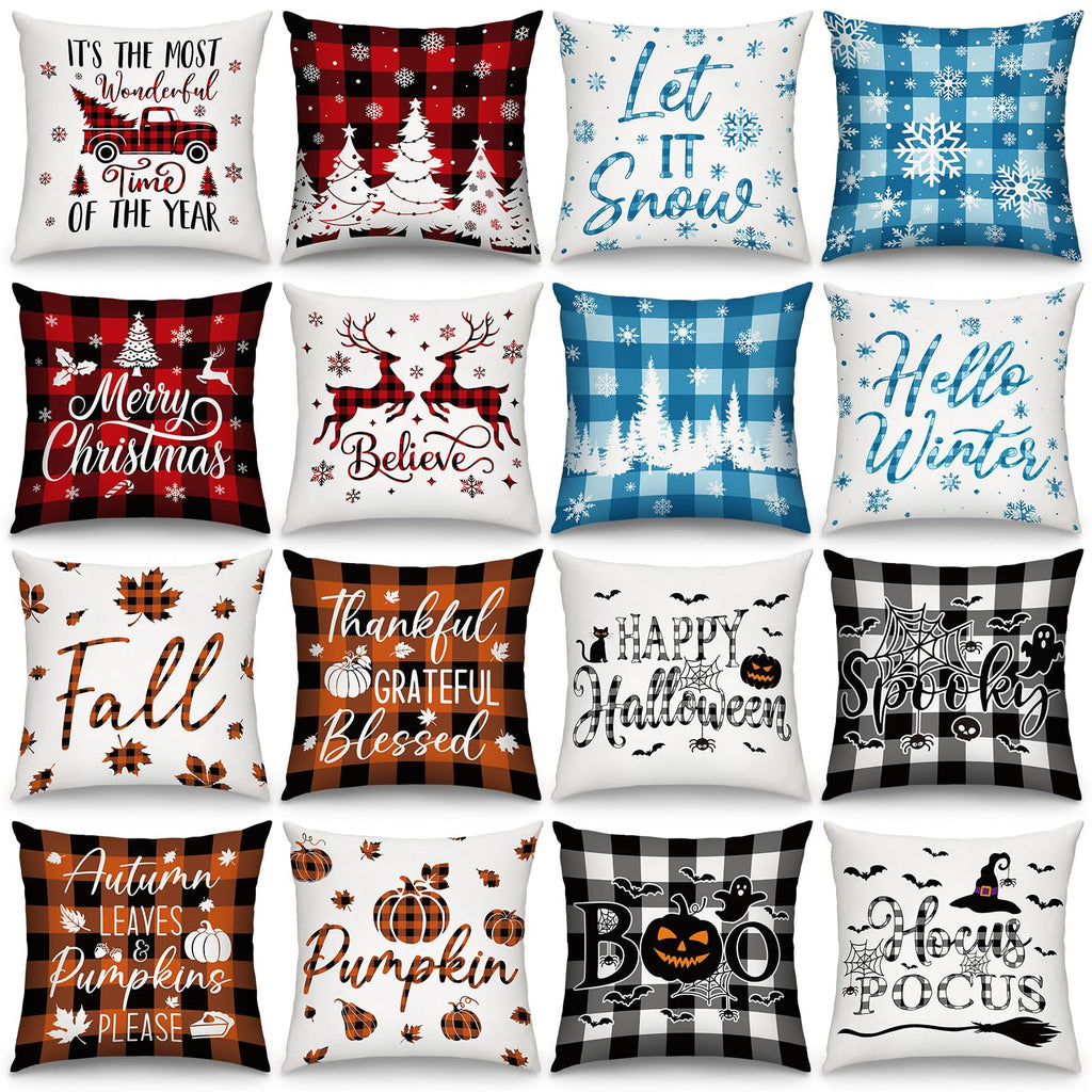 GlikCeil Set of 16 Christmas Pillow Covers 18 x 18 Inch Holiday Throw Pillow Covers Halloween Fall Winter Seasonal Pillowcases Decorative Cushion Pillowcases for Farmhouse Home Couch Sofa Decor