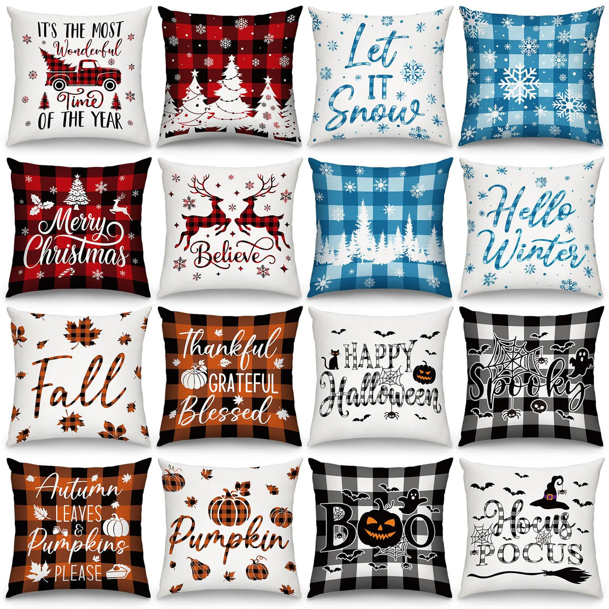 GlikCeil Set of 16 Christmas Pillow Covers 18 x 18 Inch Holiday Throw Pillow Covers Halloween Fall Winter Seasonal Pillowcases Decorative Cushion Pillowcases for Farmhouse Home Couch Sofa Decor