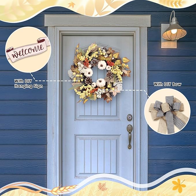 Fall Wreaths for Front Door Outside Decor, 22" Pumpkin Berry Maple Leaves Pine Cone Wreath Autumn Decorations with Bow and Hanging Sign for Thanksgiving Home Outdoor Indoor Porch Harvest