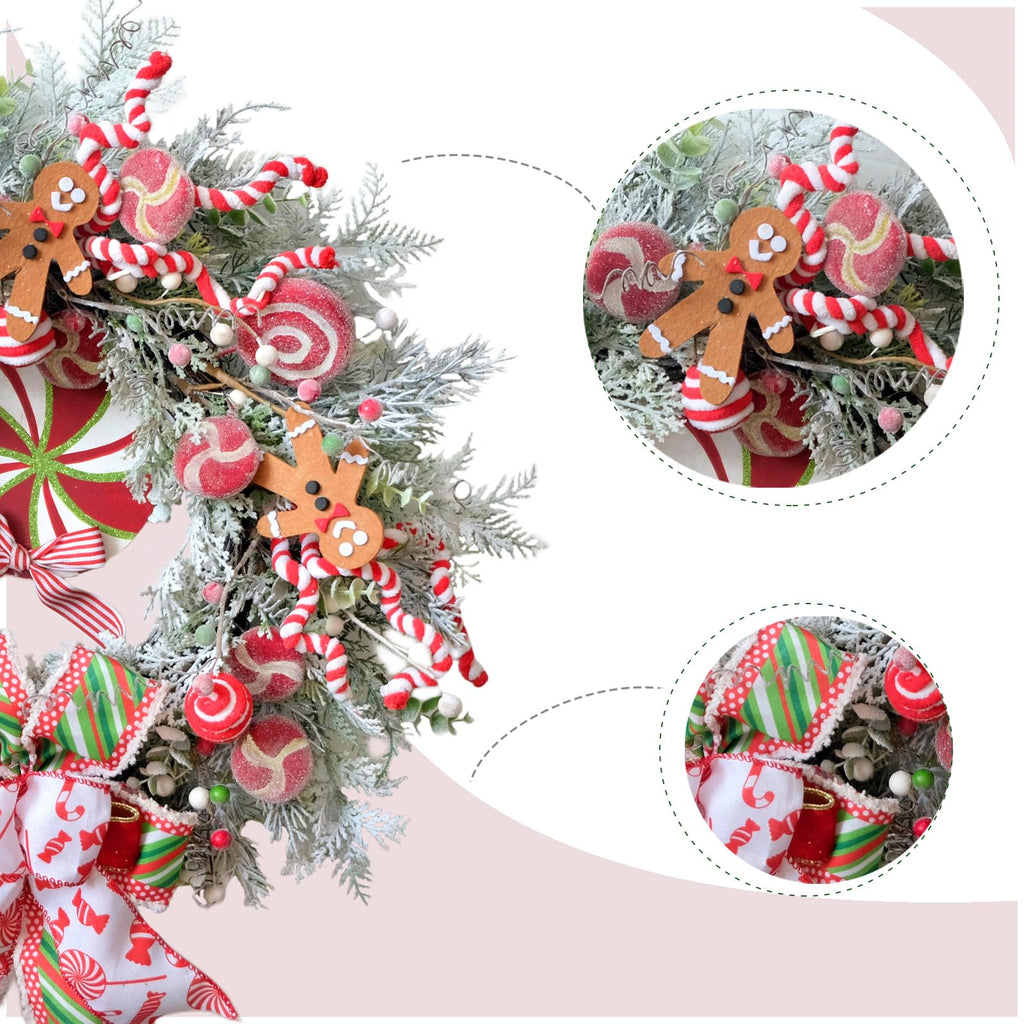 Egolot 24 Inch Winter Christmas Candy Cane Wreath for Front Door, Christmas Red White Xmas Indoor Outdoor Candy Gingerbread Wreath, Holiday Wreaths for Window Wall