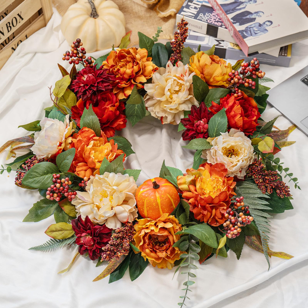 24" Fall Wreath for Front Door, Large Autumn Peony Wreath with Pumpkins, Dahlias, Fall Door Decoration for Home Porch Farmhouse Decor, Thanksgiving Halloween Decoration