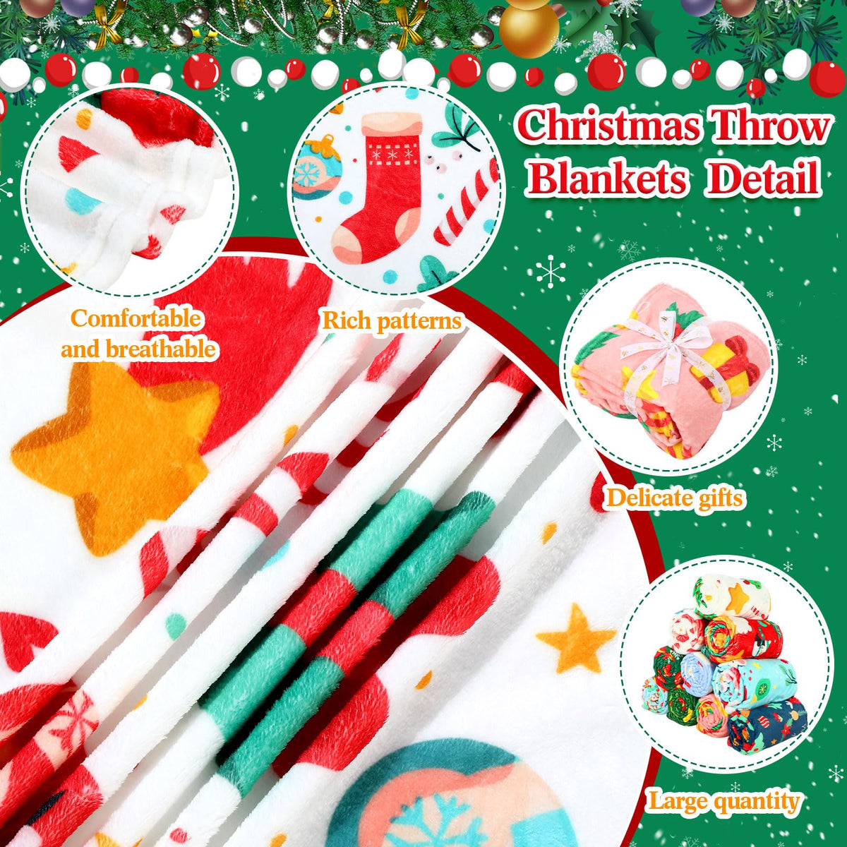 Windkream 12 Pcs Christmas Throw Blankets for Homeless with Ribbon Xmas Flannel Fleece Blankets Gingerbread Snowman Lightweight Soft Plush Couch Throw for Bedroom Winter (50 x 60 Inch)