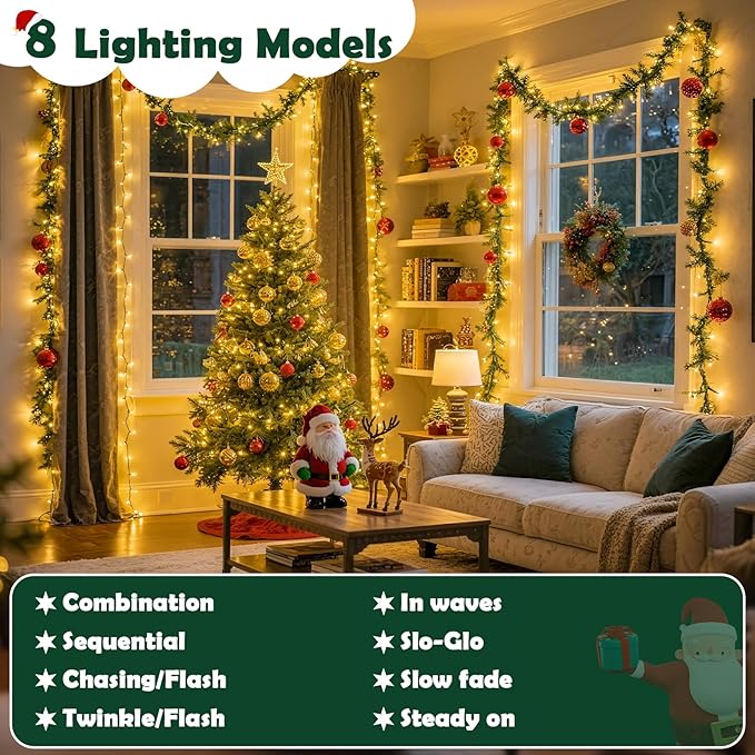 Christmas Lights Indoor Outdoor Waterproof, 132FT 400 LED 8 Modes Warm Light String Lights for House Decorations, Ideal for Christmas Trees, Wedding, and Party
