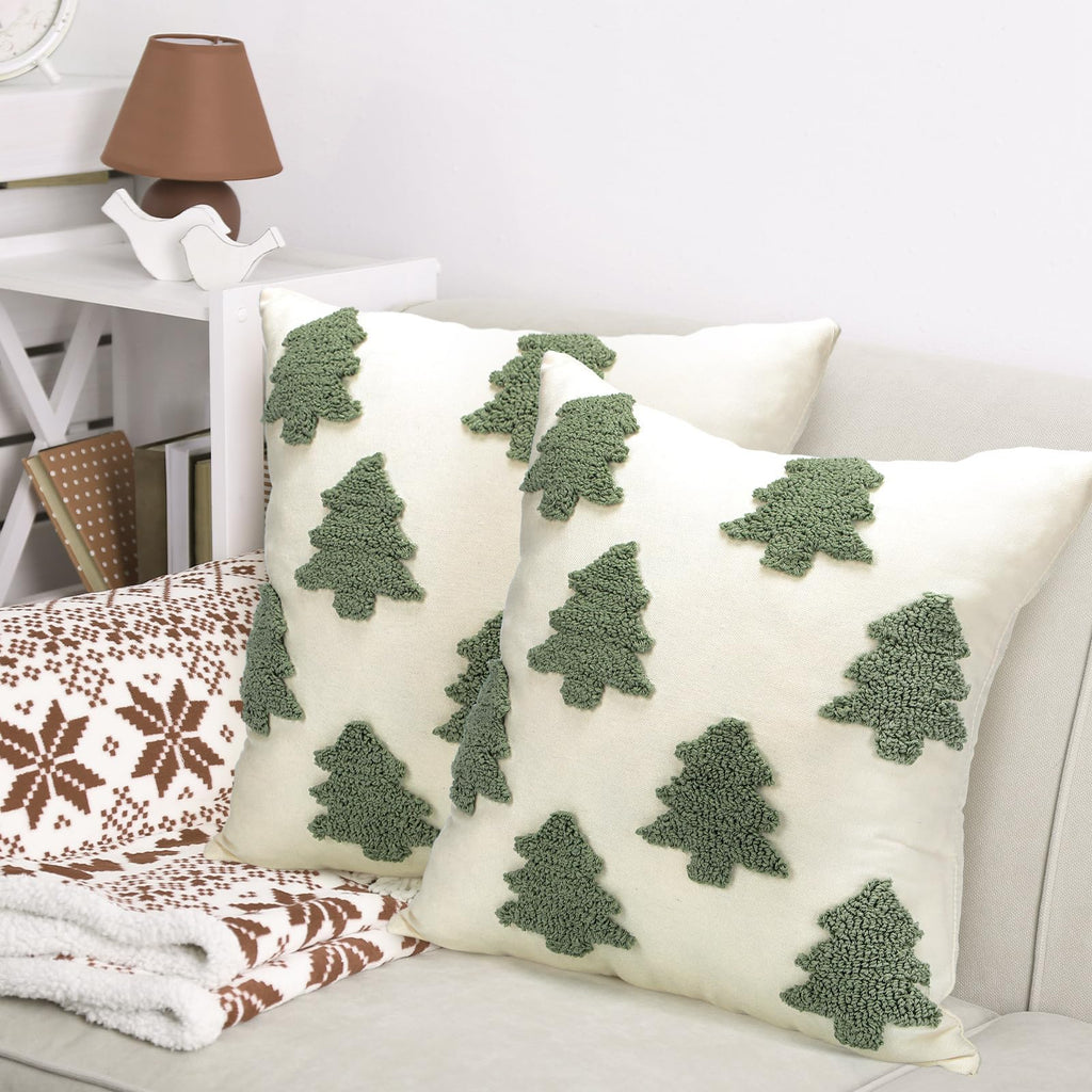 Mixweer 2 Pcs Christmas Pillow Covers 18x18 Inch Neutral Christmas Tree Embroidery Throw Pillow Covers Decorative Throw Cushion Case for Xmas Winter Holiday Decoration (White)