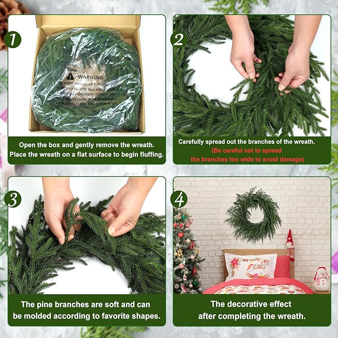 Artgar 24 Inch Christmas Pine Wreath Christmas Wreaths for Front Door, Real Touch Artificial Green Pine Wreath for Home Indoor Outdoor Wall Window Porch Farmhouse Winter Decor