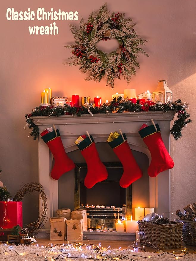 Artificial Christmas Wreath with Hanger for Front Door with Pine Cone, Red Berries, Burlap Ribbon & Snowflake, Indoor Outdoor Holiday Wall Windows Wreath Flocked with Mixed Decorations 23inch