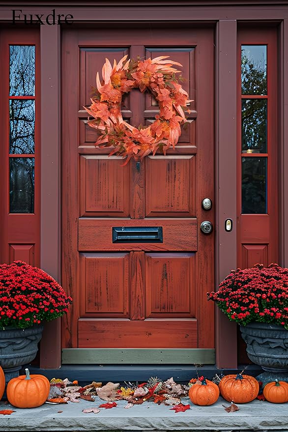 Fall Wreath for Front Door-20 Autumn Front Door Wreath-Fall Decorations with Berry Maple Leaves for Porch Window Farmhouse Halloween Thanksgiving Harvest Festival Home Decor