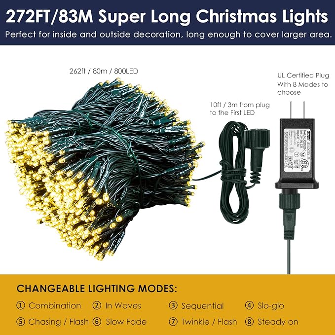 Bright Christmas Lights Outdoor 800 LED Christmas String Lights, 272ft 8 Modes Timer Fairy Twinkle Tree Lights for Home, Party, Holiday, Halloween Indoor Xmas Decorations Warm White