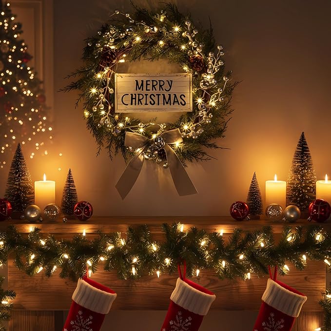 Lighted Christmas Artificial Cedar Wreath for Front Door with Hanger Christmas Wreaths Faux Norfolk with Velvet Bow LED Lights Jingle Bells Pinecone Berries Indoor Window Xmas Holiday Decor(Gold)