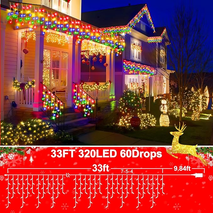 50FT 480 LED Christmas Lights Outdoor Decorations with 90 Drops Timer 8Mode Curtain String Lights Waterproof Plug in Fairy Lights for Indoor,Xmas,Party,Patio,Window,Fence,Trees Decor(Multicolor)