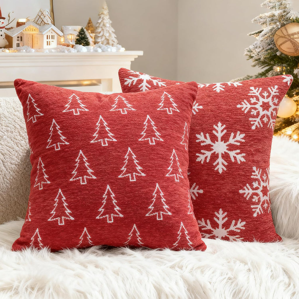 Auomily 2 Pack Christmas Pillow Covers 18x18, Chenille Double-Sided Snowflake & Christmas Tree Decorative Throw Pillow Cases, Soft Farmhouse Holiday Cushion Covers for Sofa Couch Bed(Red,18x18)
