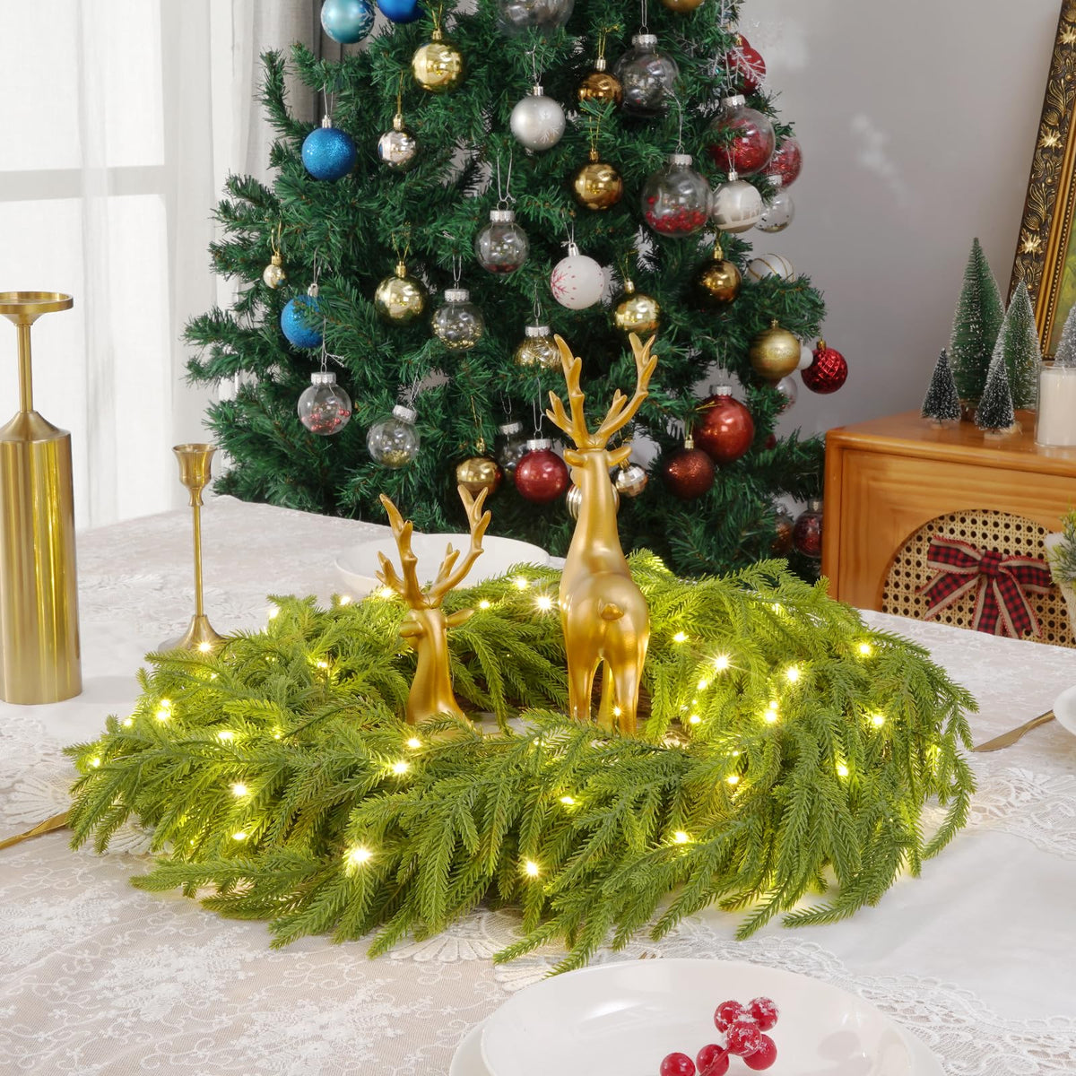 Christmas Wreath -24 Inch Real Touch Norfolk Pine Wreath for Front Door, Christmas Wreath with Lights, Greenery Wreath with Ribbon Bell for Home Table Wall Window Indoor Outdoor Christmas Decoration