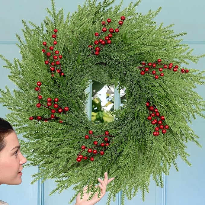 26 Inch Pine Wreath - Christmas Wreaths for Front Door - Real Touch Pine Wreath - Large Artificial Green Wreaths for Walls Windows Porches Farmhouse Indoor Outdoor Home Decor with Red Berries