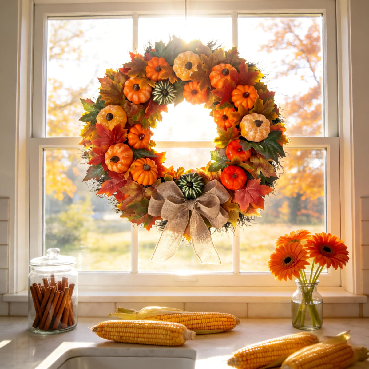 HipTree 20 Inch Fall Wreath for Front Door, Rustic Farmhouse Artificial Wreath with Plastic Pumpkins Maple Leaves Burlap Bow, Halloween Thanksgiving Harvest Decor for Porch Wall Indoor Outdoor