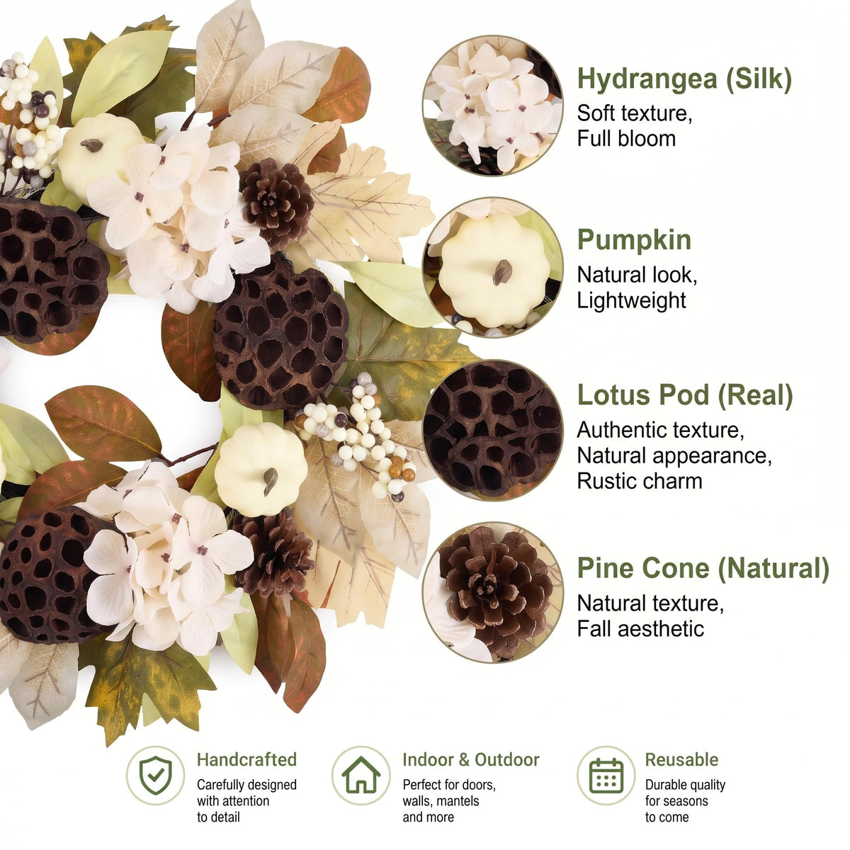 DecorbyHannah Fall Wreath for Front Door, 18 Inch Pre-Lit Autumn Harvest Thanksgiving Wreath with Light, Artificial Pumpkin Hydrangea Pinecone Lotus Maple Leaf Door Decor for Porch Wall Indoor Outdoor