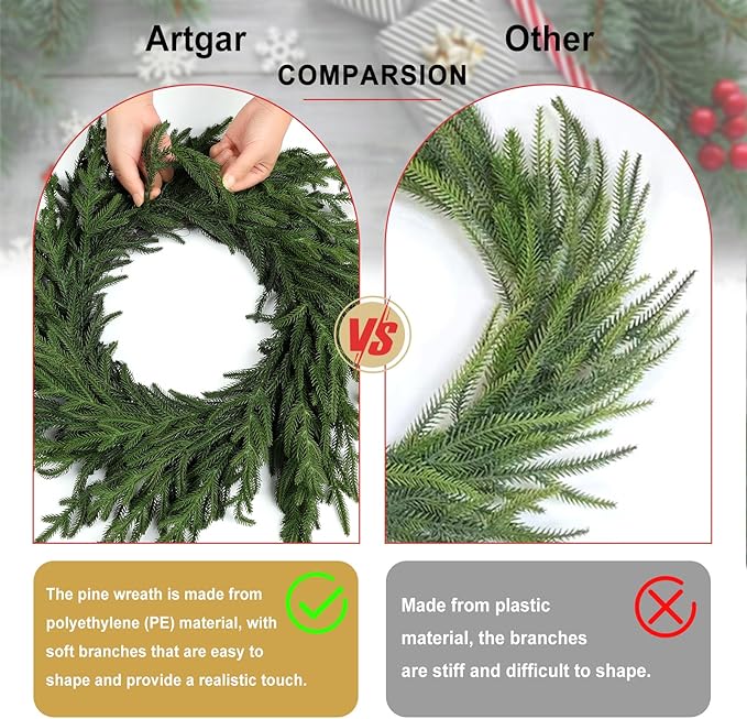Artgar 24 Inch Christmas Pine Wreath Christmas Wreaths for Front Door, Real Touch Artificial Green Pine Wreath for Home Indoor Outdoor Wall Window Porch Farmhouse Winter Decor