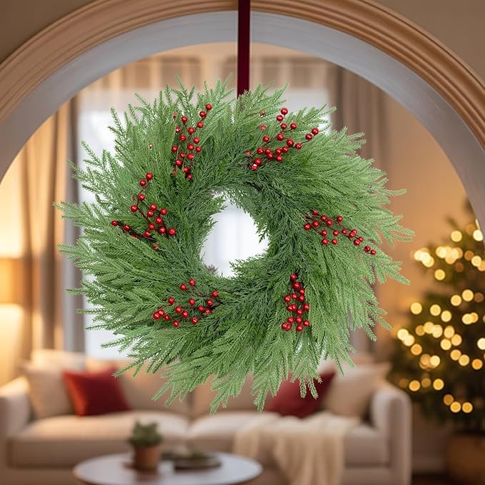26 Inch Pine Wreath - Christmas Wreaths for Front Door - Real Touch Pine Wreath - Large Artificial Green Wreaths for Walls Windows Porches Farmhouse Indoor Outdoor Home Decor with Red Berries
