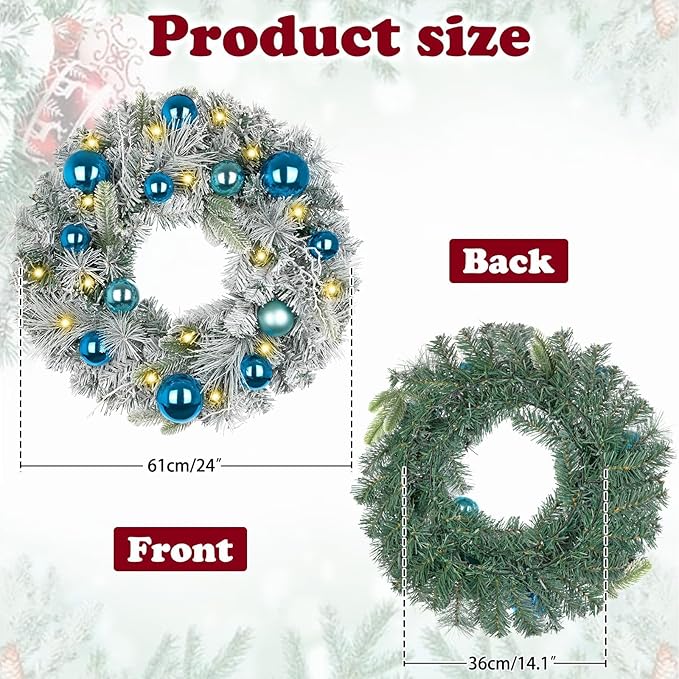 24 inch Christmas Wreath,Winter Pine Wreaths with Blue Ball LED Lights for Front Door for Fireplace Xmas Decorations, Wall Window Indoor Outdoor Decor