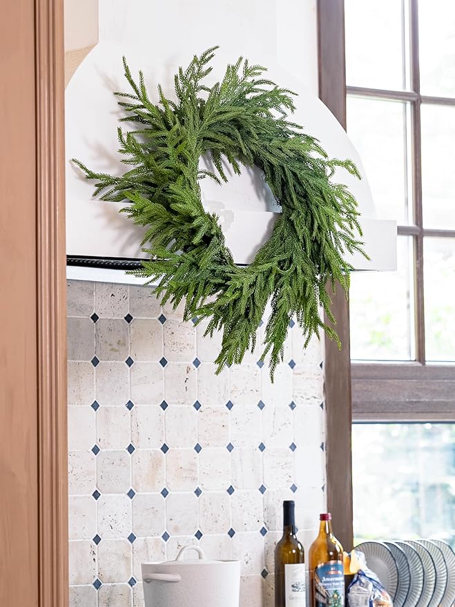 26" Norfolk Pine Wreath Real Touch Christmas Wreath for Front Door Winter Wreaths for Walls Windows Porches Indoor Outdoor Christmas Xmas Decorations Holiday Decor