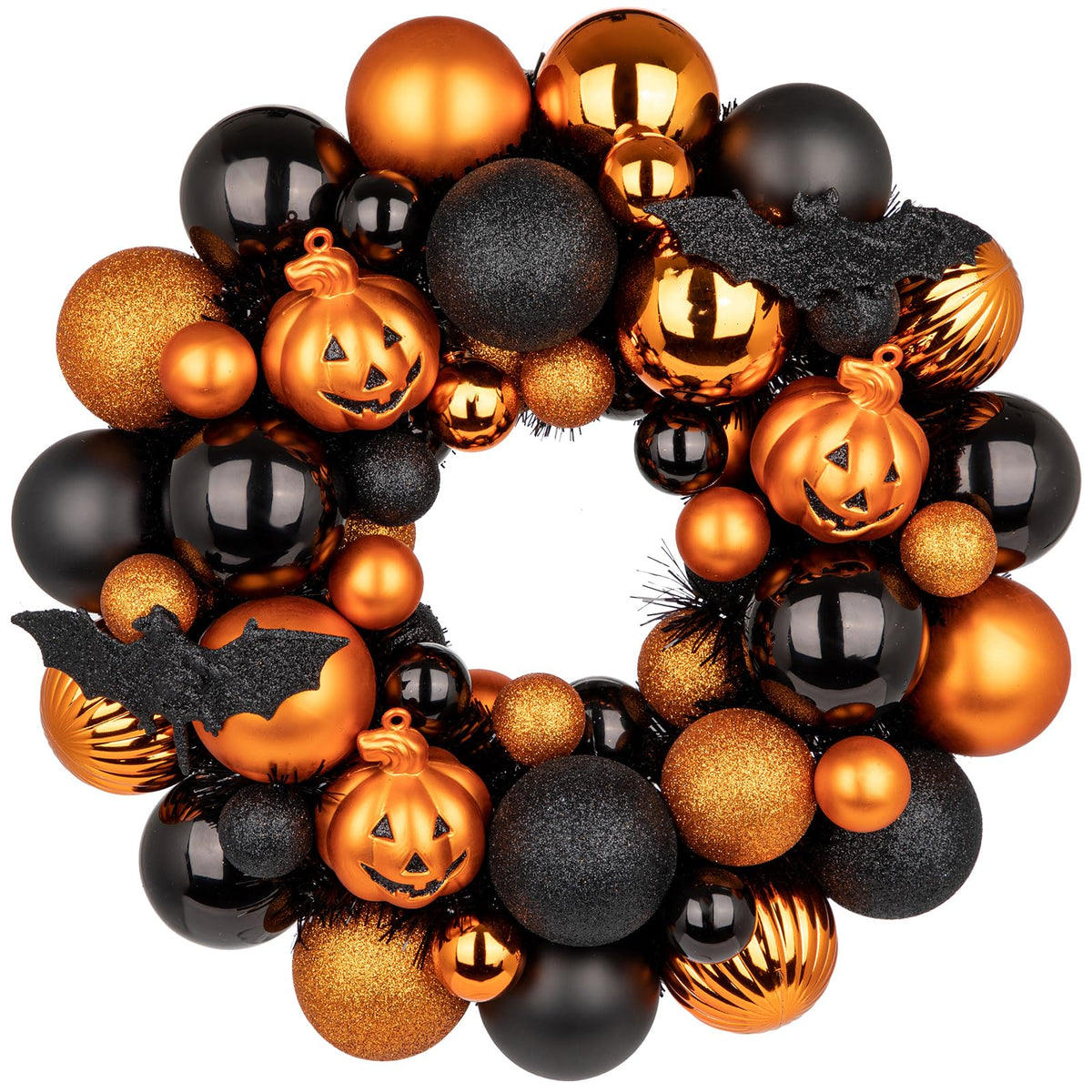 Halloween Wreath for Front Door, 13 inch Small Halloween Ball Wreath with Pumpkins Bats Shatterproof Front Door Wreaths Orange/Black Ball Ornament for Wall Mantel Porch Indoor Outdoor Decor