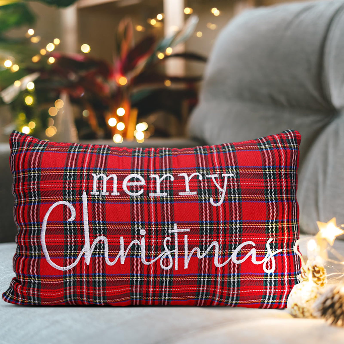 Preboun Tartan Christmas Pillow Cover 12 x 20 Inch Embroidered Merry Christmas Throw Pillow Cover Scottish Tartan Pillows Cases Home Decor Vintage Plaid Cushion Covers for Farmhouse Couch Sofa(Red)