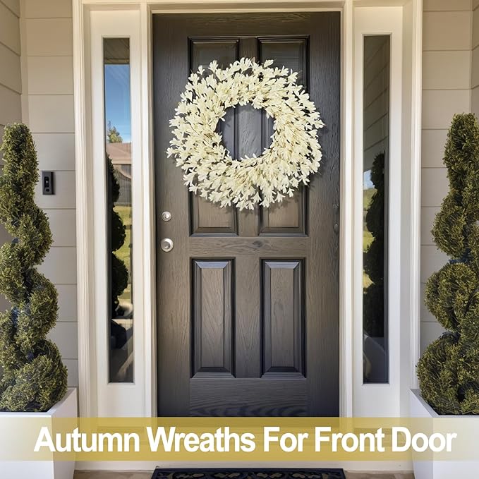 26 Inch Realistic Fall Wreaths for Front Door Outside Autumn Wreath Outdoor Indoors Fall Decorations for Home Thanksgiving Halloween Holiday Decorations Clearance for Wall Porch Door (Fall White)