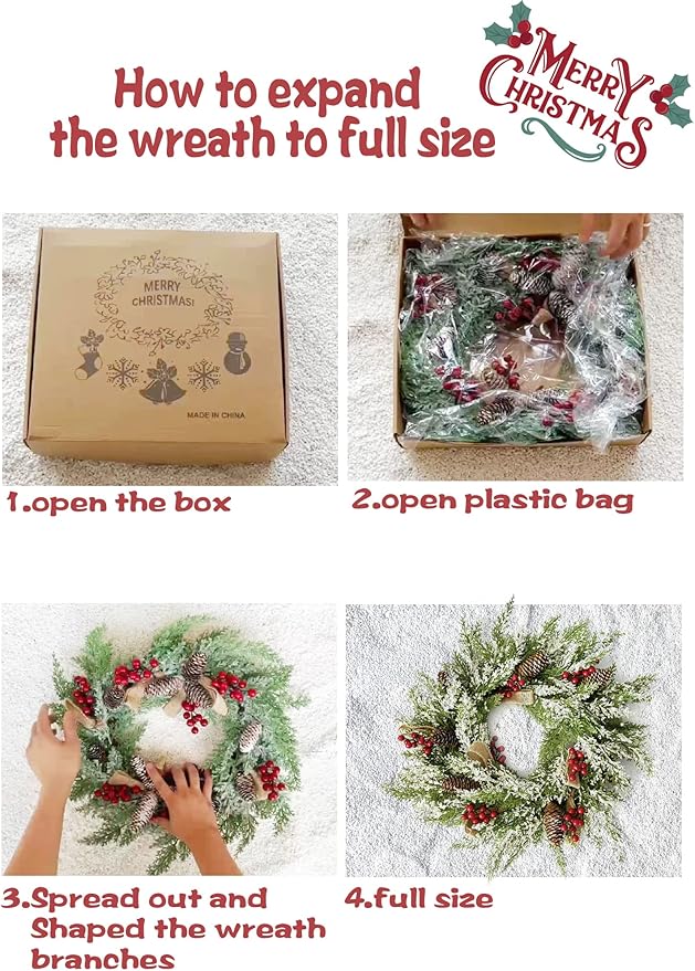 Artificial Christmas Wreath with Hanger for Front Door with Pine Cone, Red Berries, Burlap Ribbon & Snowflake, Indoor Outdoor Holiday Wall Windows Wreath Flocked with Mixed Decorations 23inch