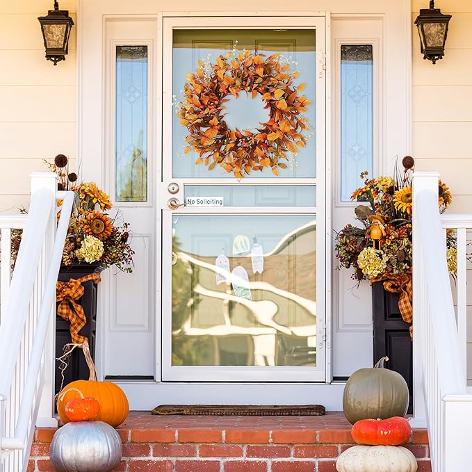 Sggvecsy Artificial Fall Wreath 21’’ Autumn Front Door Wreath with Fall Leaves Small Pumpkins Cluster of Berries for Outside Indoor Wall Window Festival Thanksgiving Fall Harvest Autumn Decor