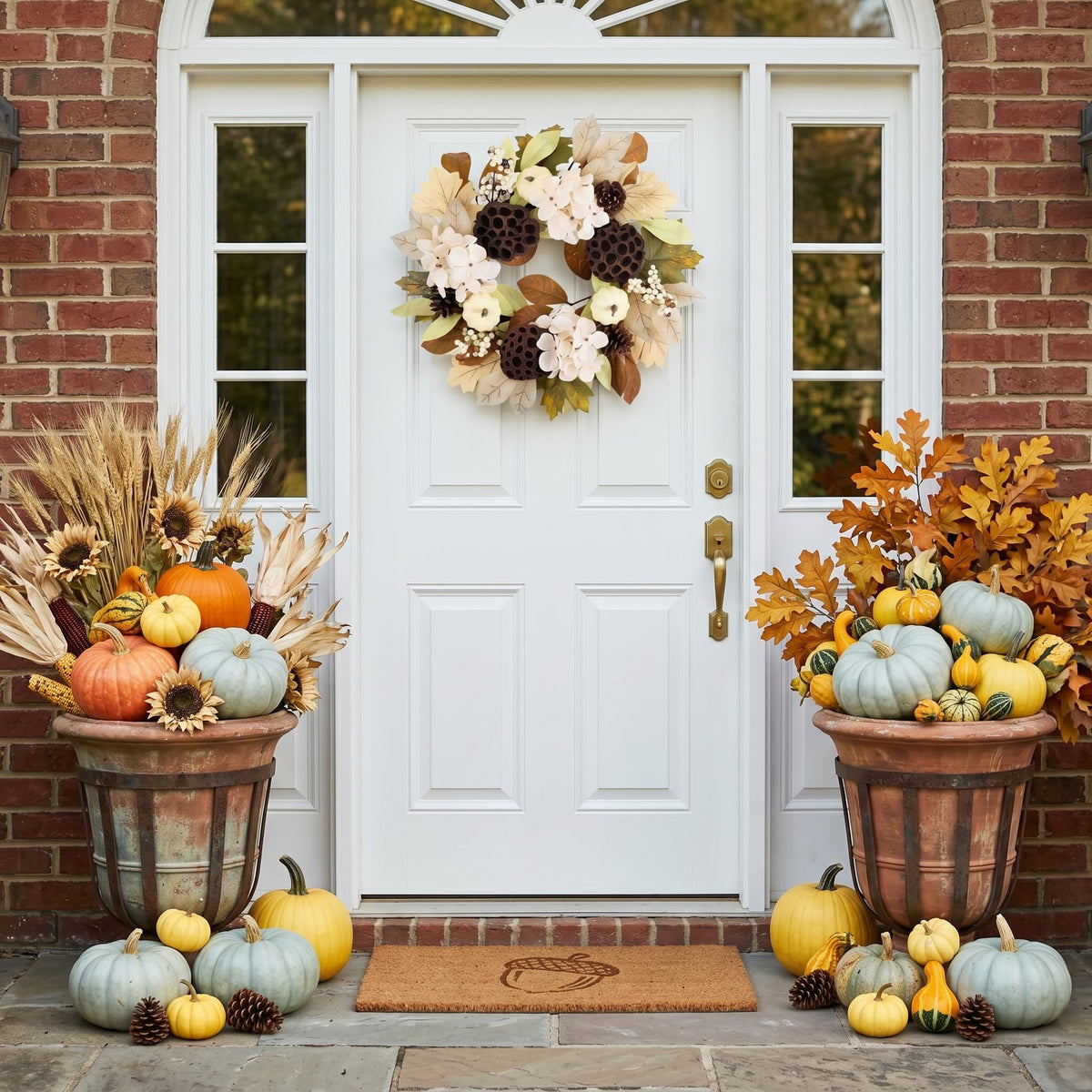 DecorbyHannah Fall Wreath for Front Door, 18 Inch Pre-Lit Autumn Harvest Thanksgiving Wreath with Light, Artificial Pumpkin Hydrangea Pinecone Lotus Maple Leaf Door Decor for Porch Wall Indoor Outdoor