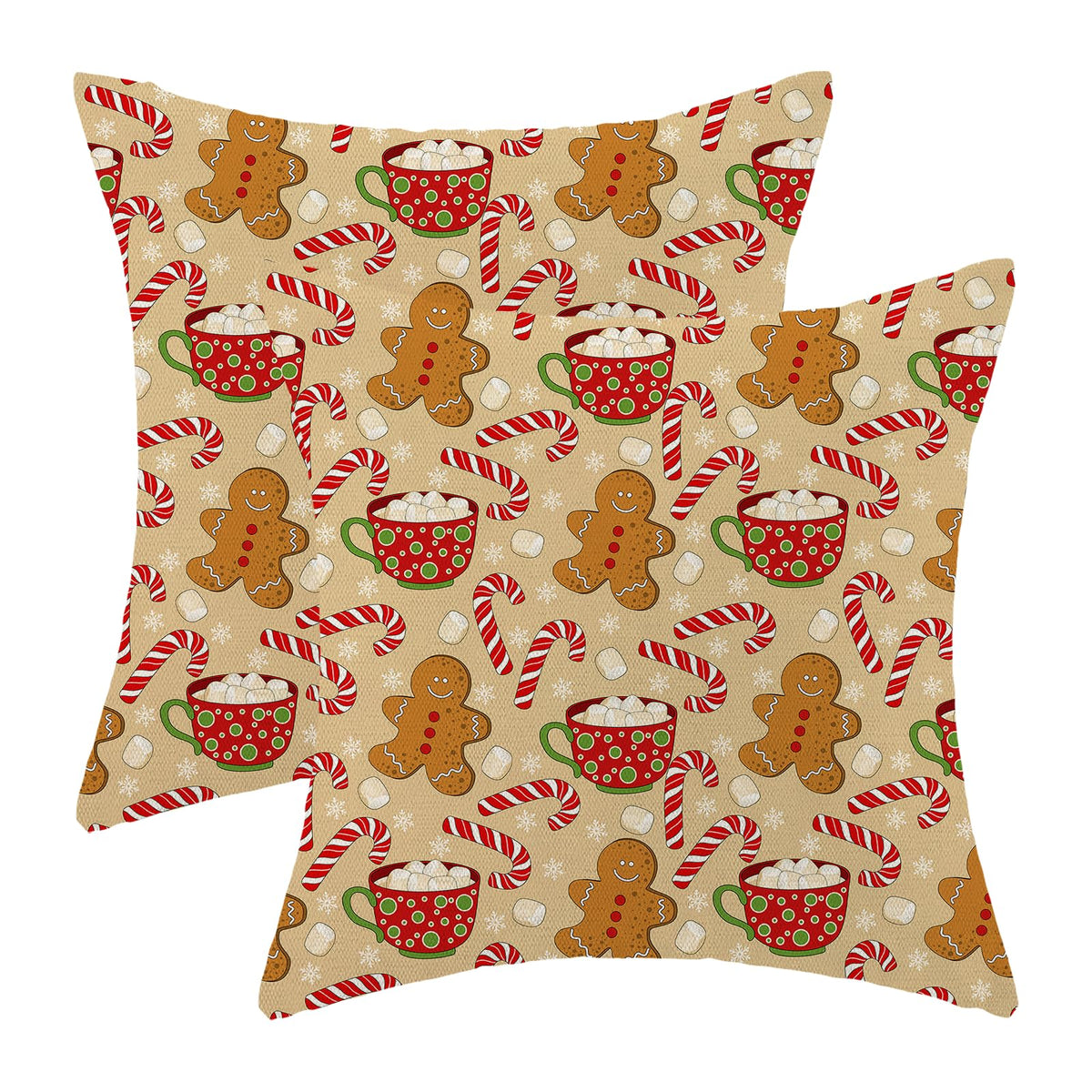Christmas Pillow Covers 18 x 18 Inch Set of 2 Winter Brown Gingerbread Man Throw Pillows Outdoor Decorative Marshmallow Candy Xmas Pillowcases Linen Cushion Cases for Farmhouse Home Bed Sofa Couch
