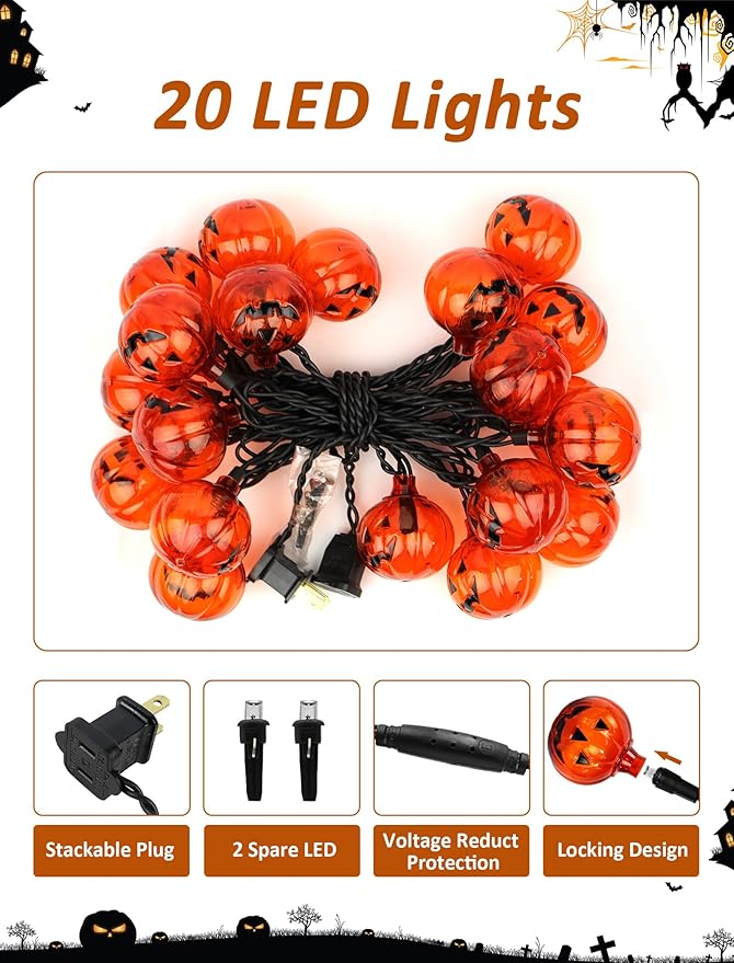 Bright Halloween Pumpkin String Lights, 12ft 20 LED UL Listed String Lights, Easy Plug-in & Connectable for Instant Indoor/Outdoor Party Atmosphere & Porch Decor