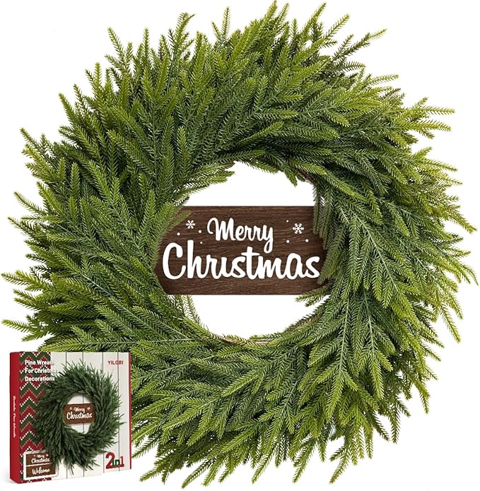 24 Inch Real Touch Christmas Wreath for Front Door, Norfolk Pine Wreath with Welcome Sign, Large Artificial Green Wreath Home Indoor, Porch, Fireplace, Wall, Windows, Outdoor Decor