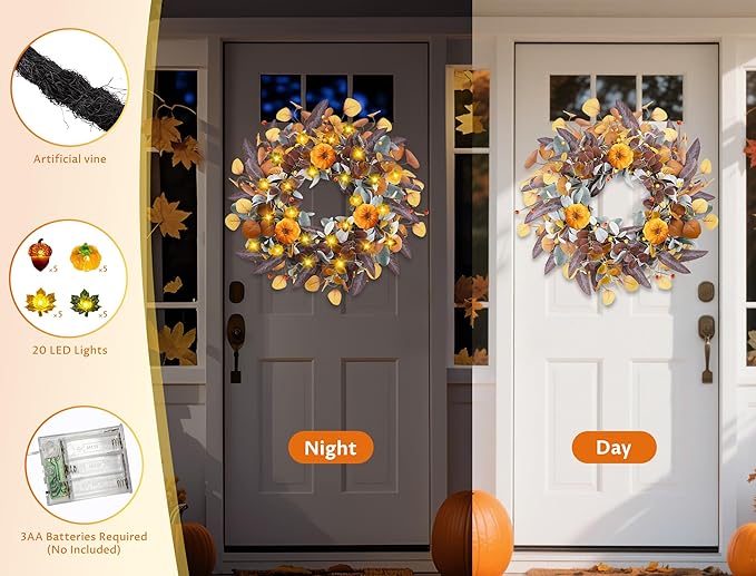 Fall Wreaths for Front Door, 20" Fall Wreath with Lights, Artificial Autumn Door Wreaths-Pumpkin, Berry Branch, Mixed Leaves Decor for Home Outside Indoor Wall Harvest Festival Thanksgiving Decoration