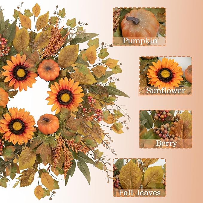 Fall Wreaths for Front Door 24 Inch Thanksgiving Autumn Wreath with Artificial Pumpkin Eucalyptus Sunflower Leaves Harvest Halloween Decorations Porch Farmhouse Outdoor Indoor Home Hanging Decor