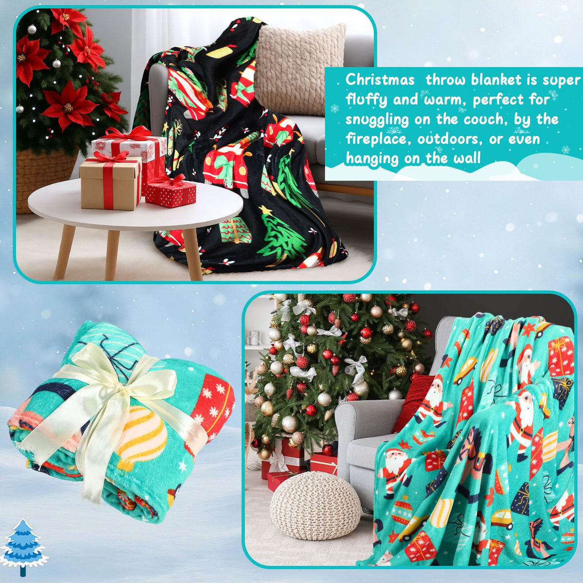 Buryeah 4 Pcs 40 x 50 Inch Christmas Throw Blanket Warm Soft Santa Claus Christmas Tree Gingerbread Plush Blanket Flannel Fleece Throw for Xmas Couch Chair Bedroom Picnic Home Decoration