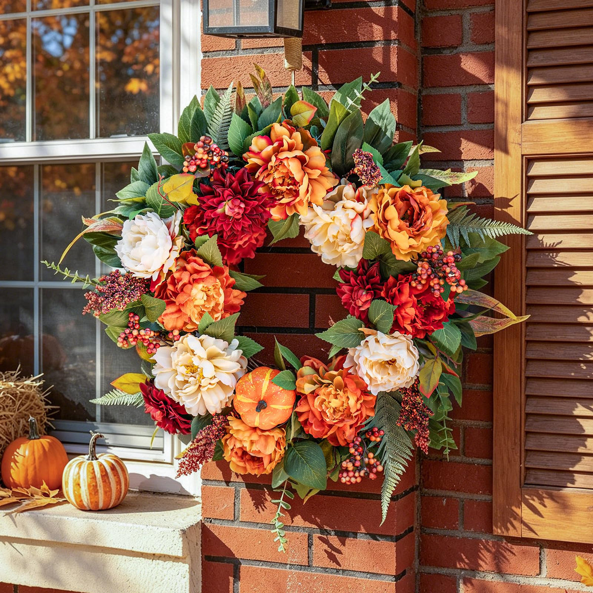 24" Fall Wreath for Front Door, Large Autumn Peony Wreath with Pumpkins, Dahlias, Fall Door Decoration for Home Porch Farmhouse Decor, Thanksgiving Halloween Decoration