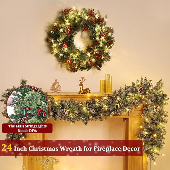 24 Inch Foldable Christmas Wreaths for Front Door, Lighted Christmas Wreath with Pinecones Berried 50 Warm White & Multicolor Lights 8 Modes Timer Norfolk Pine Wreath Xmas Wreaths for Door Wall Window