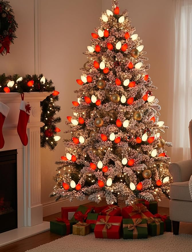 25FT Red and White LED Christmas Lights,LED Christmas Lights with 26 C9 Red White Shatterproof Plastic Bulbs,Connectable Red White String Light for Tree Roofline Indoor Outdoor Decor