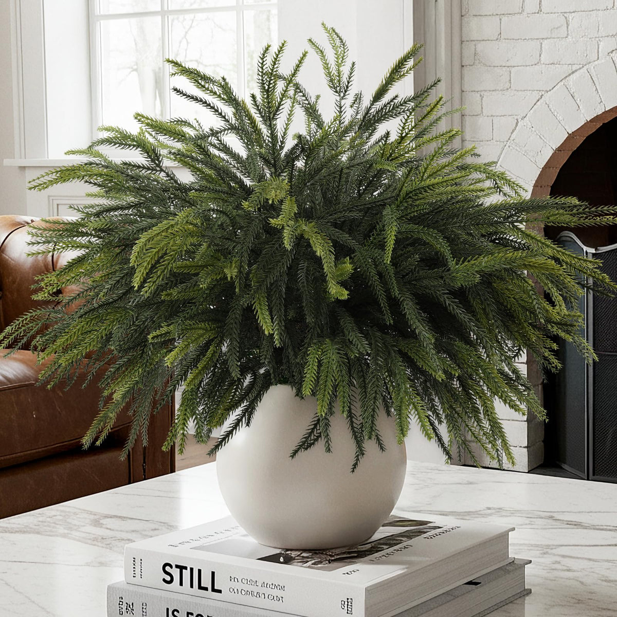 12Pcs Christmas Norfolk Pine Stems, 24'' Long Artificial Evergreen Norfolk Pine Branches, Real Touch Greenery Picks, Faux Floral Branch for Mantel DIY Xmas Home Decoration Indoor Christmas Decor