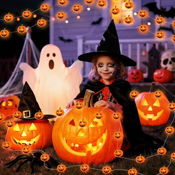 Halloween Pumpkin String Lights, 16 ft 50 LED Orange Battery Operated Lights for Lawns Garden Outdoor Holiday Party Decorations (1 Pack)